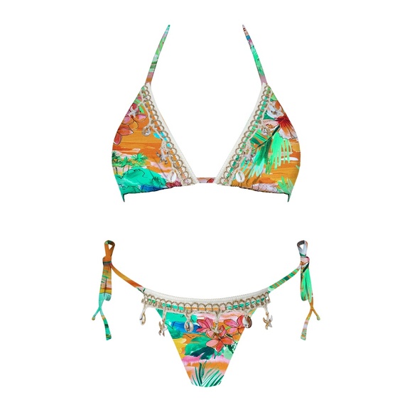 Tropical Palm Mid Summer Shell Trim Triangle Bikini Swimsuit Set - Picture 3 of 3